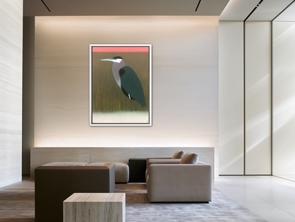 Heron in pink dusk room view