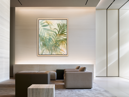 Palm leaves in pale wash room view
