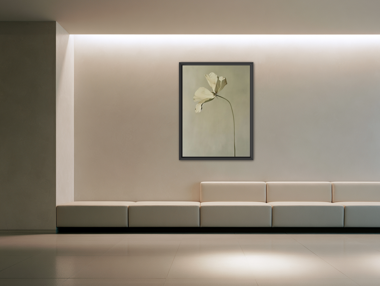 Cream petals in gray green air room view