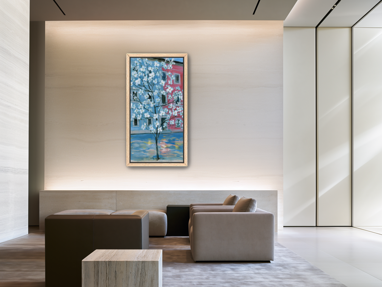 White blossoms across blue and pink room view