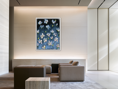Soft blossoms in blue dusk room view