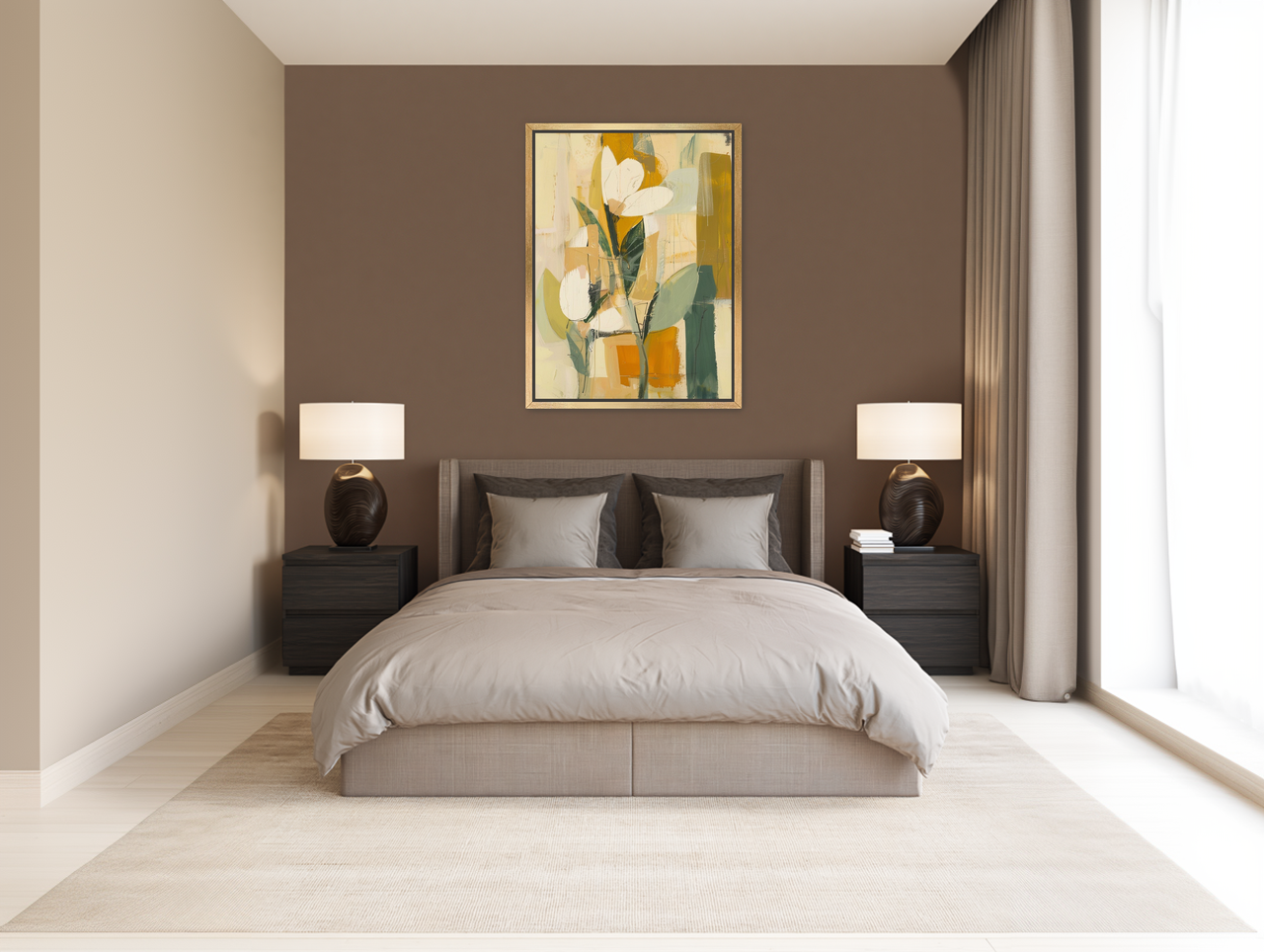 White forms within ochre blocks room view