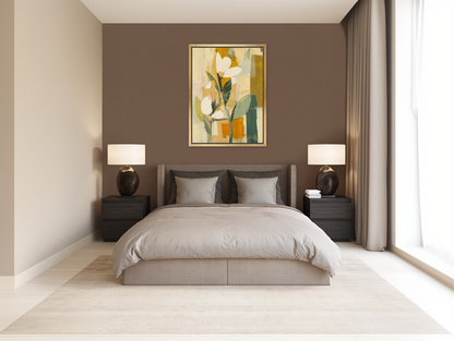 White forms within ochre blocks room view