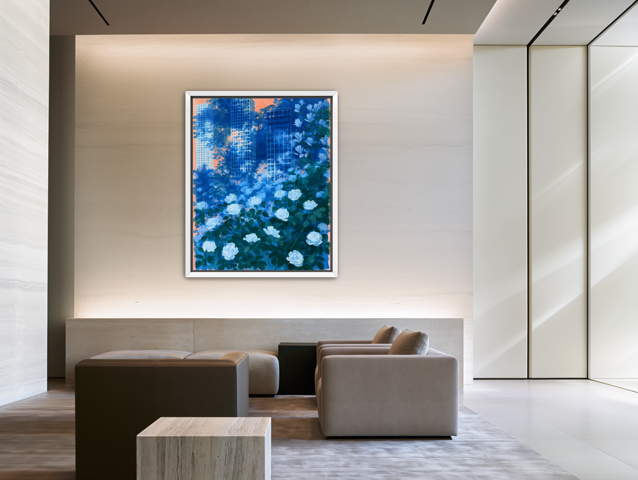 White roses before the towers room view