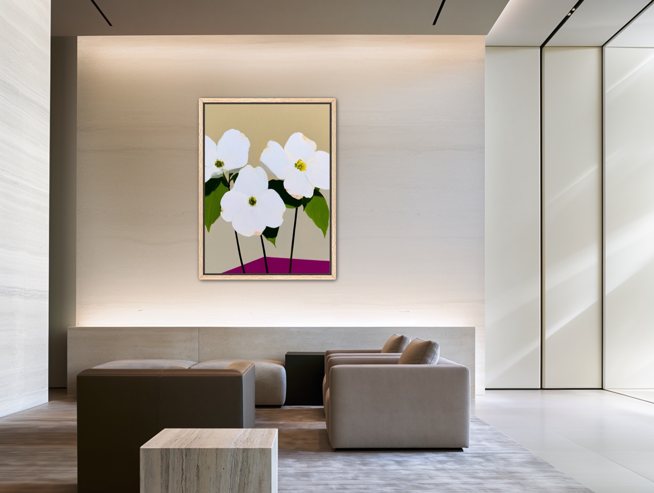Three white flowers above purple room view