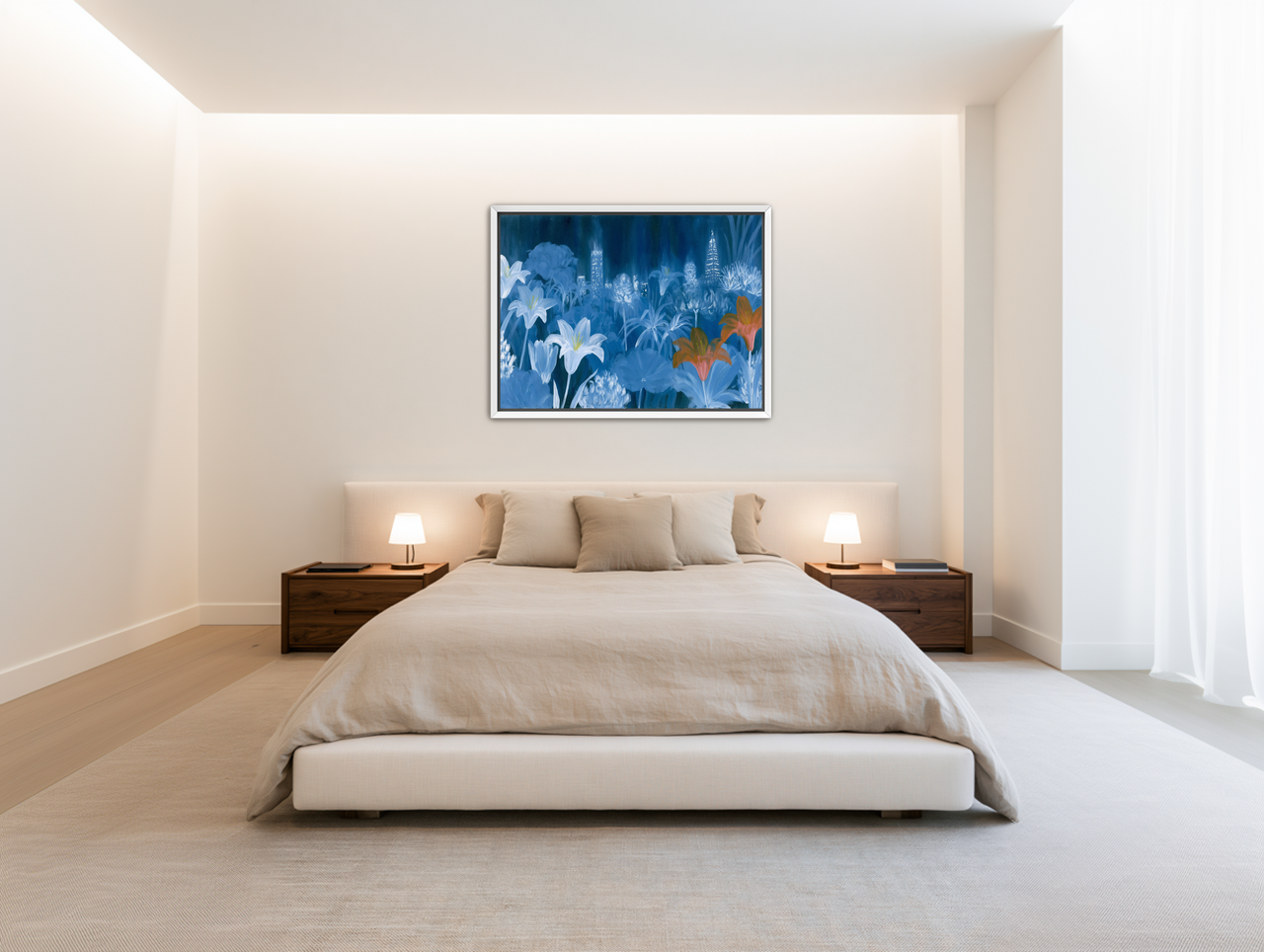 City lights behind lilies room view