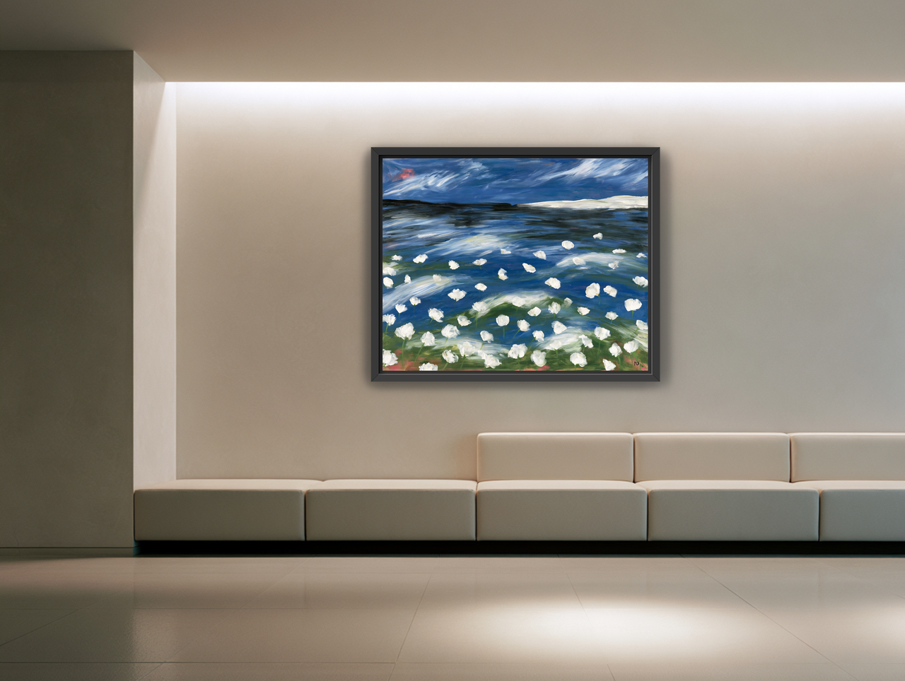 White flowers in blue wind room view