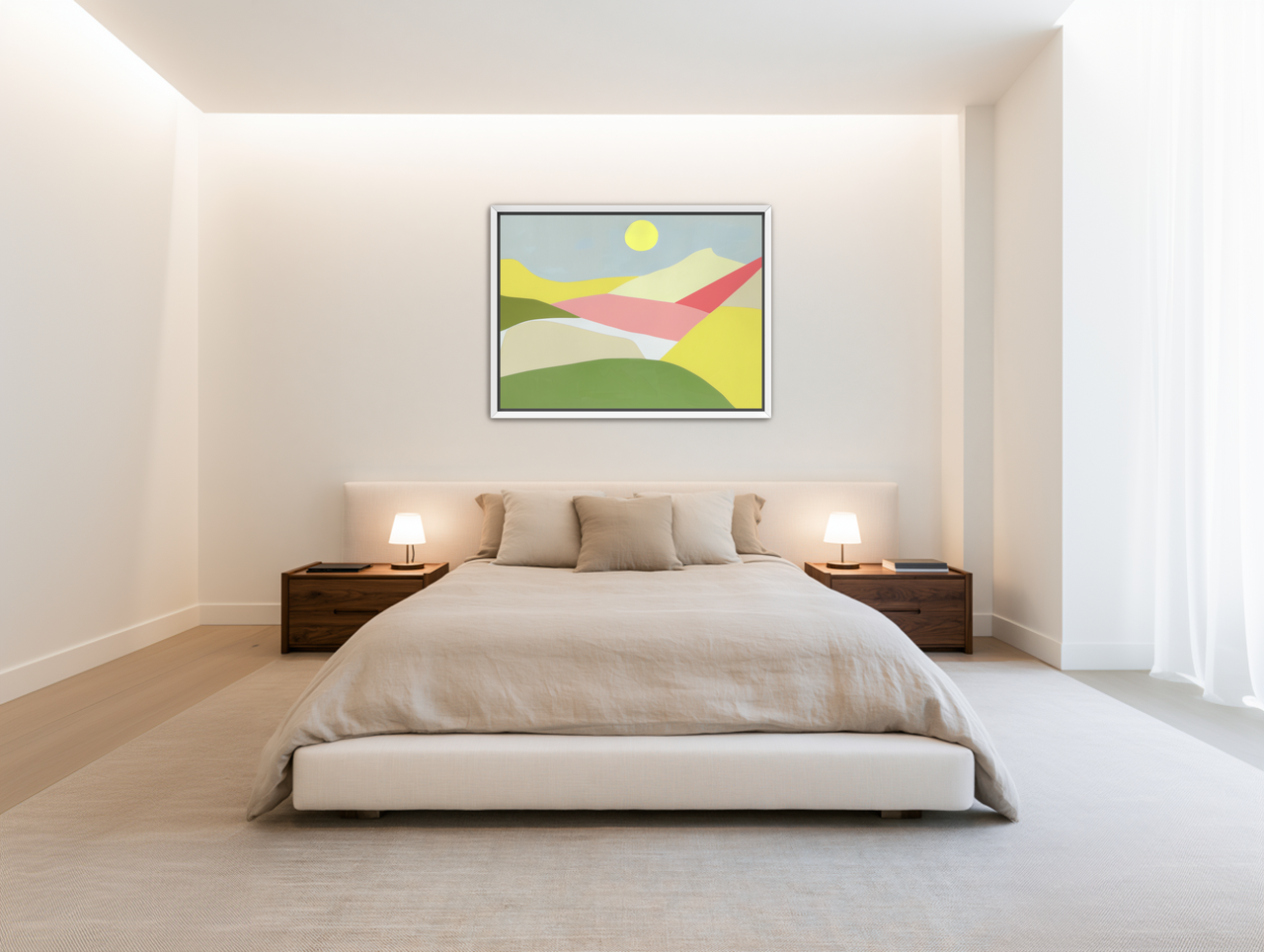 Yellow sun over red fields room view
