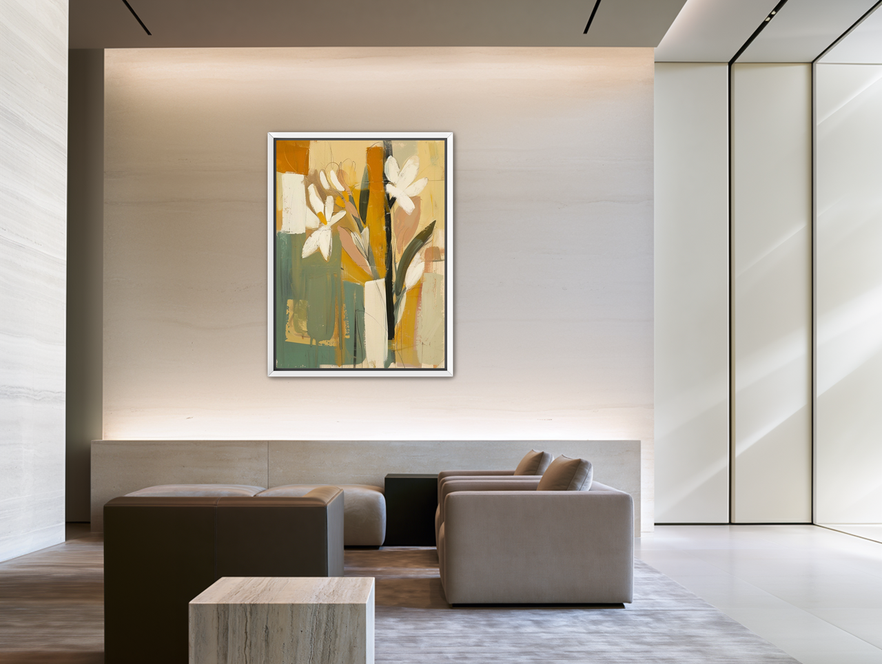 White flowers in ochre blocks room view