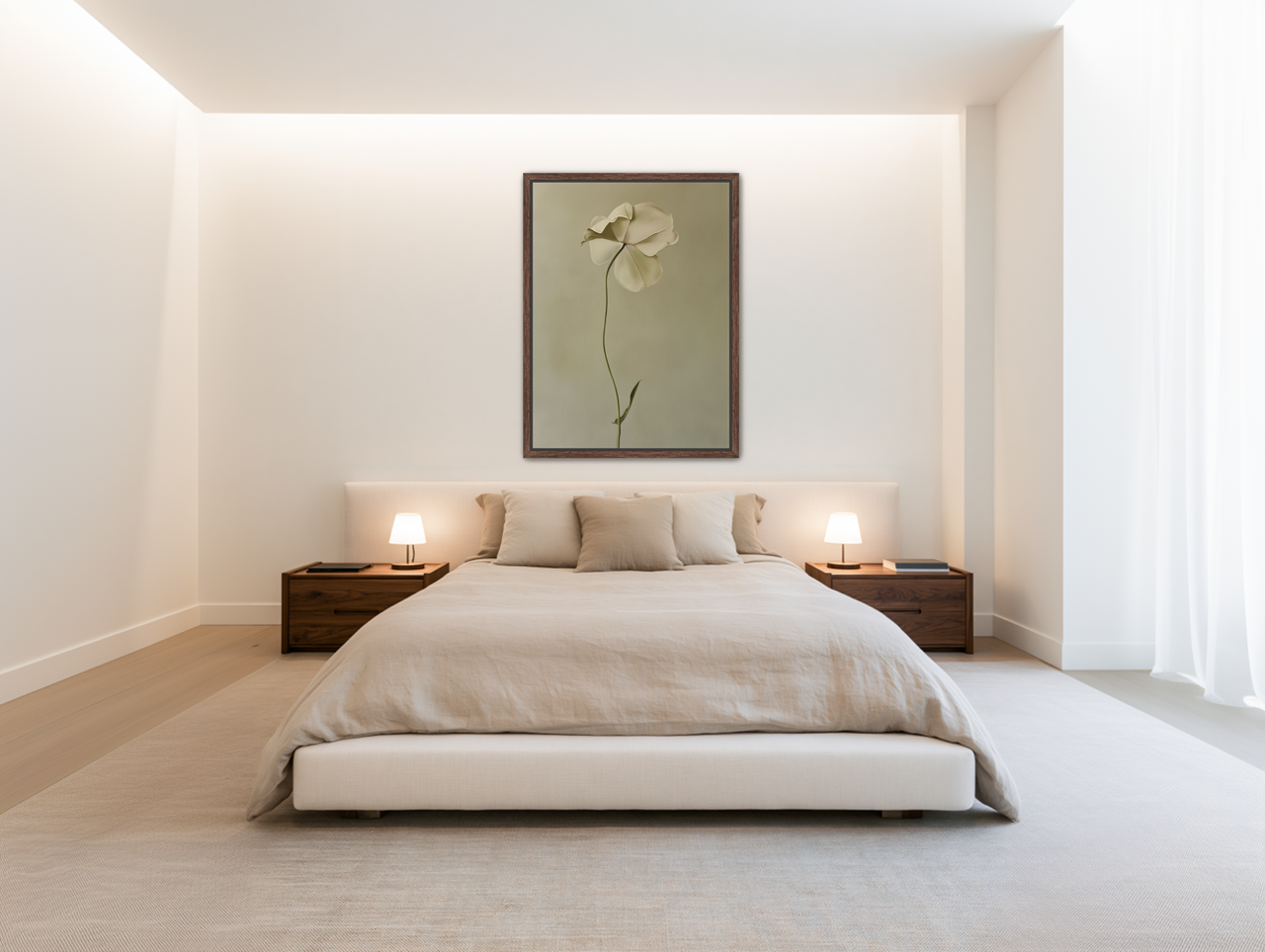 One flower leaning into quiet room view