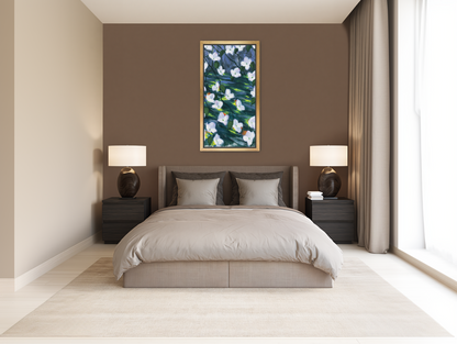 White blossoms on dark water room view