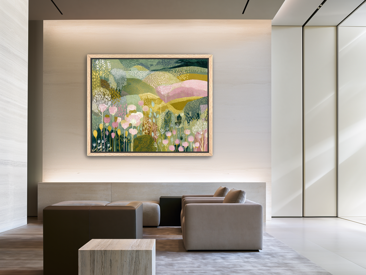 Patterned hills in bloom room view