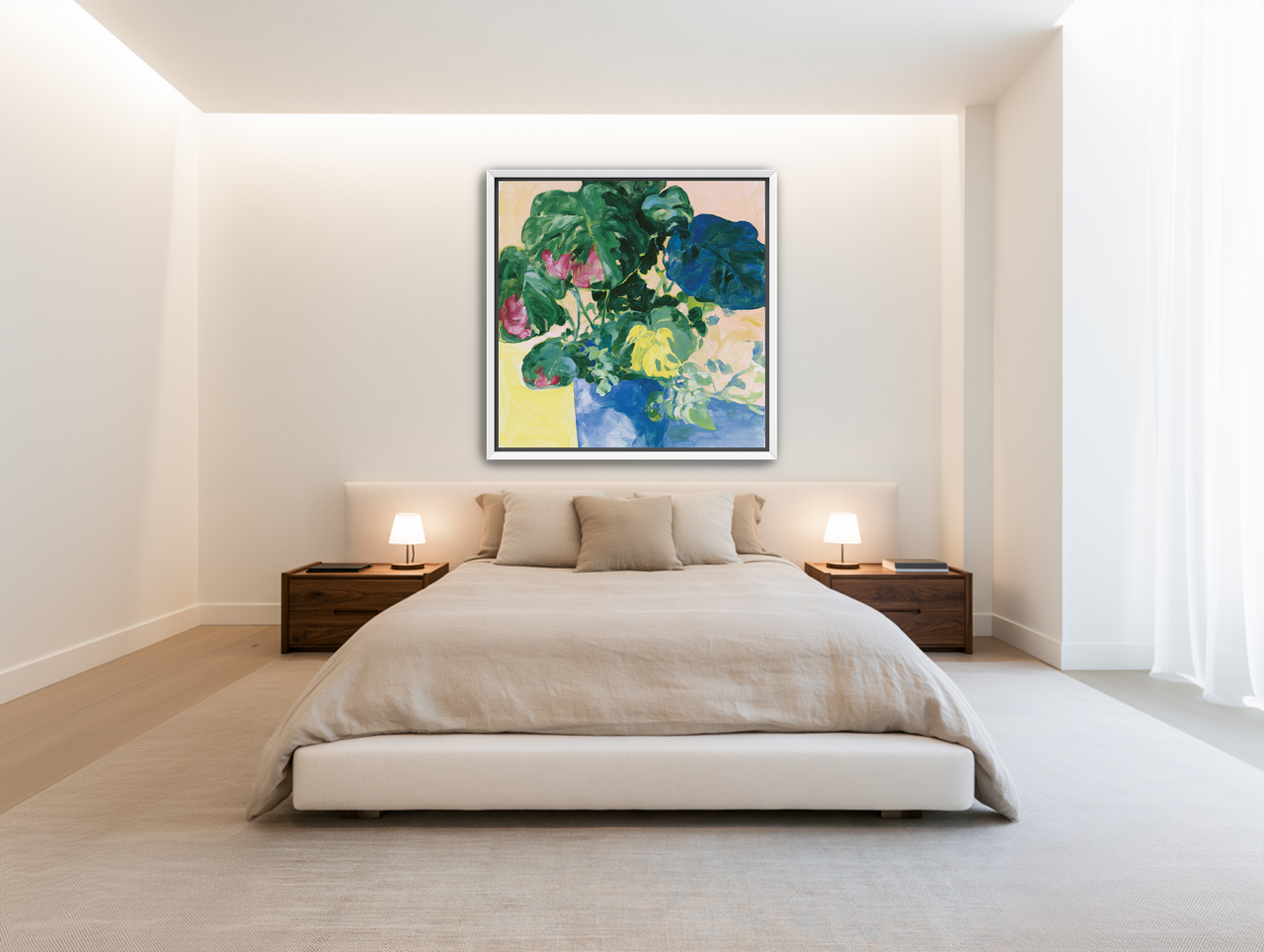 Flowers among broad leaves room view