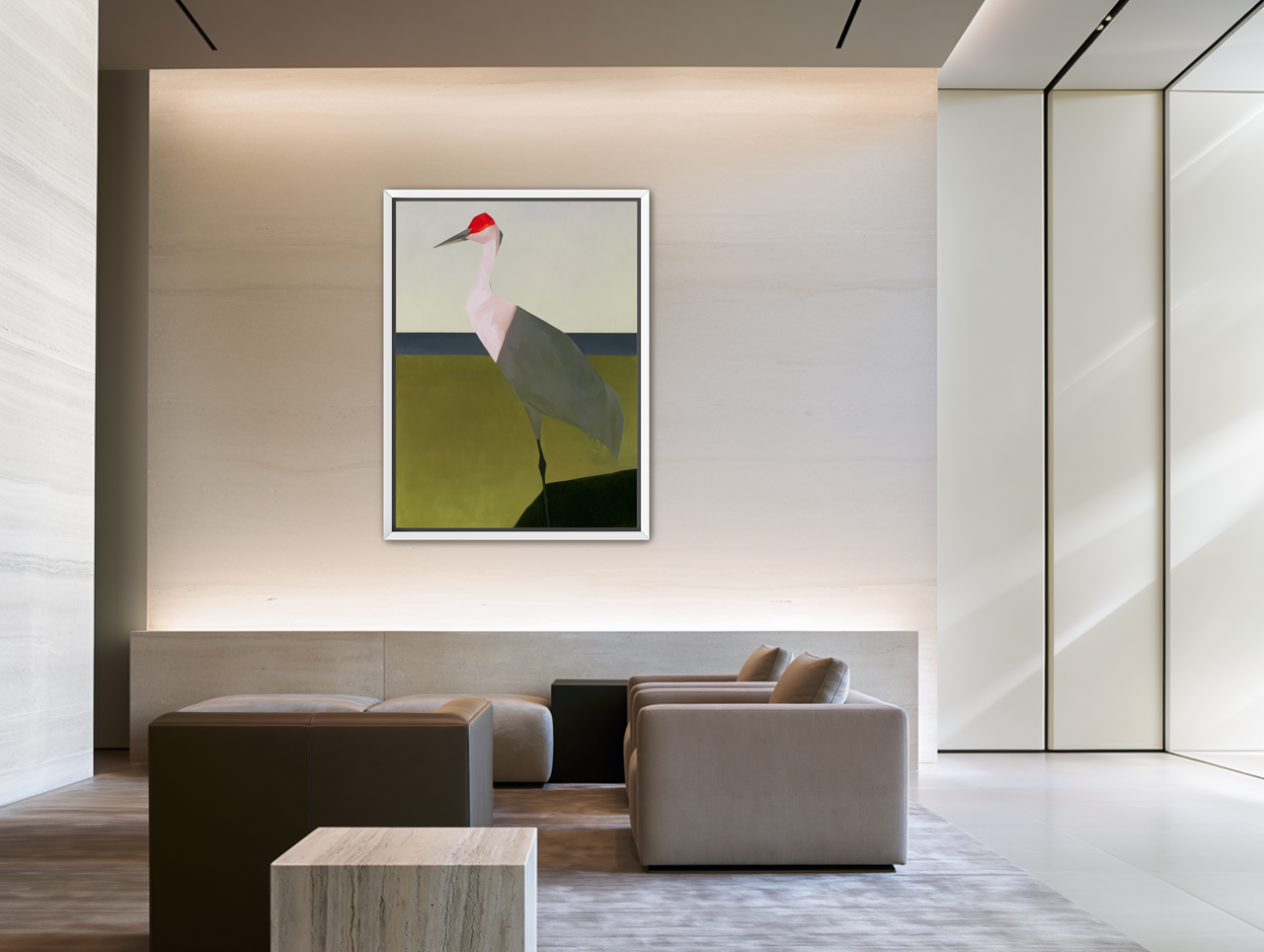Red crown crane at the shore room view