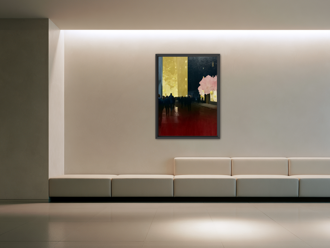 Crowd beneath the glowing wall room view