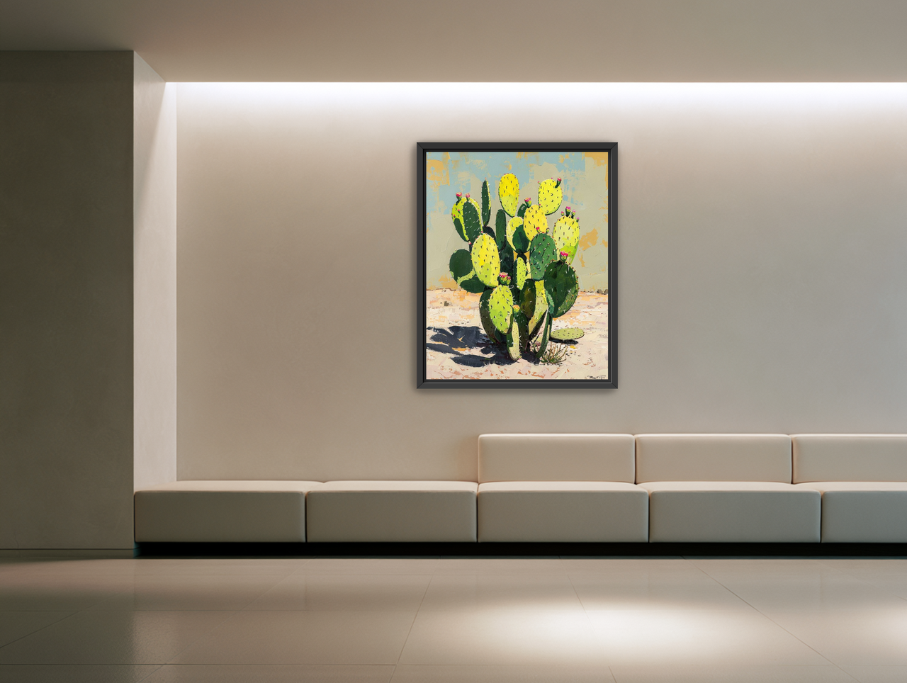 Yellow light on cactus pads room view