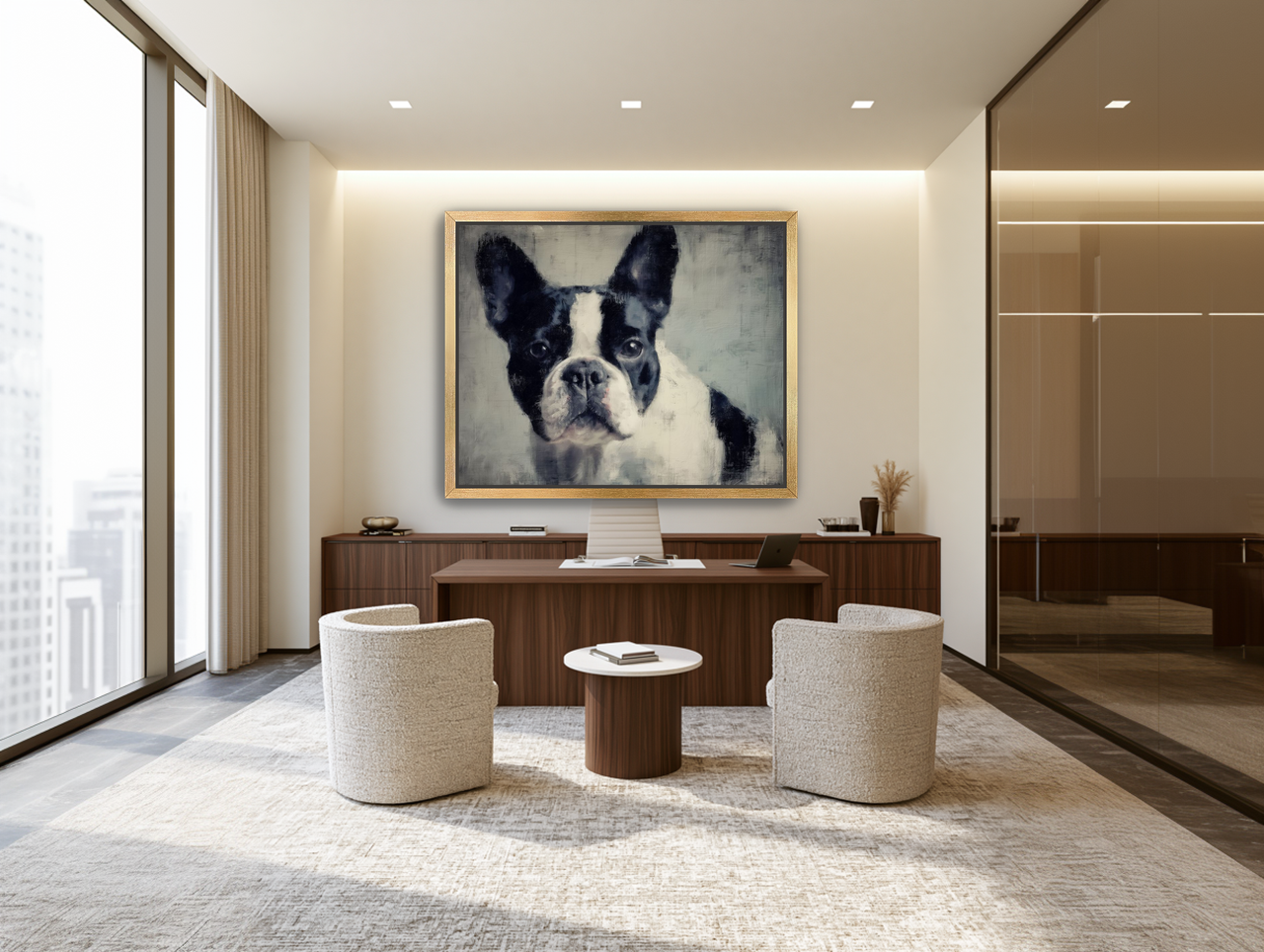 Ears up in gray quiet room view