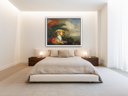 Red parasol over seaside dog room view