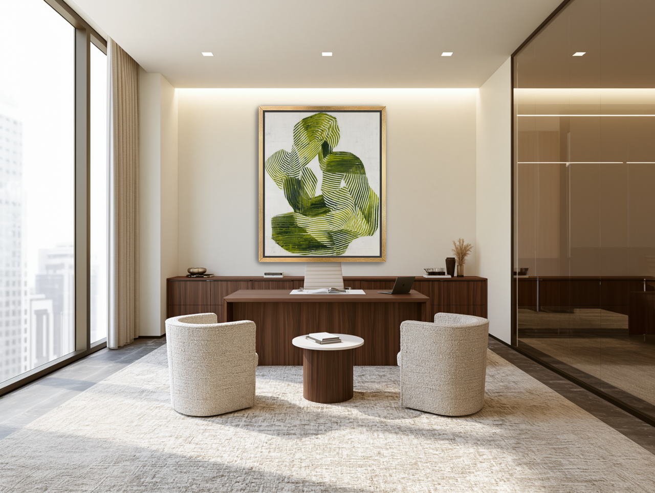 Olive stripes in repose room view