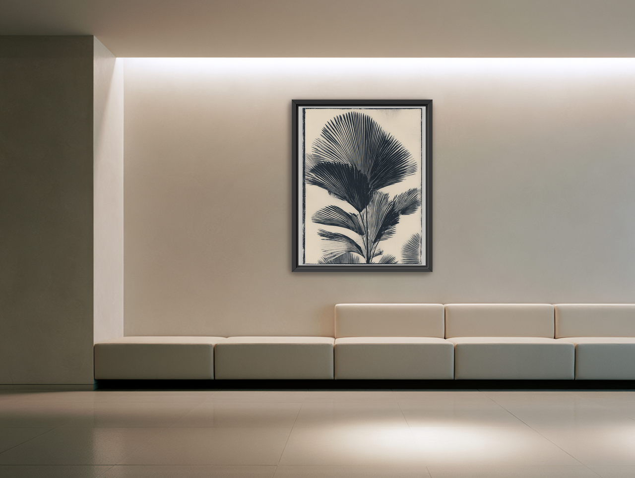 Palm fronds in black ink room view