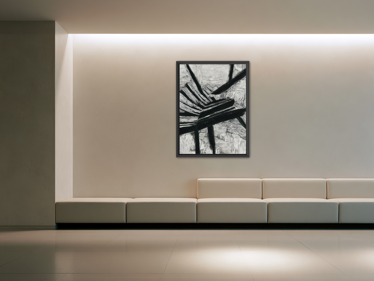Black cuts through white grain room view