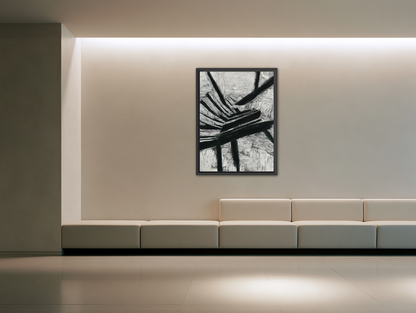 Black cuts through white grain room view