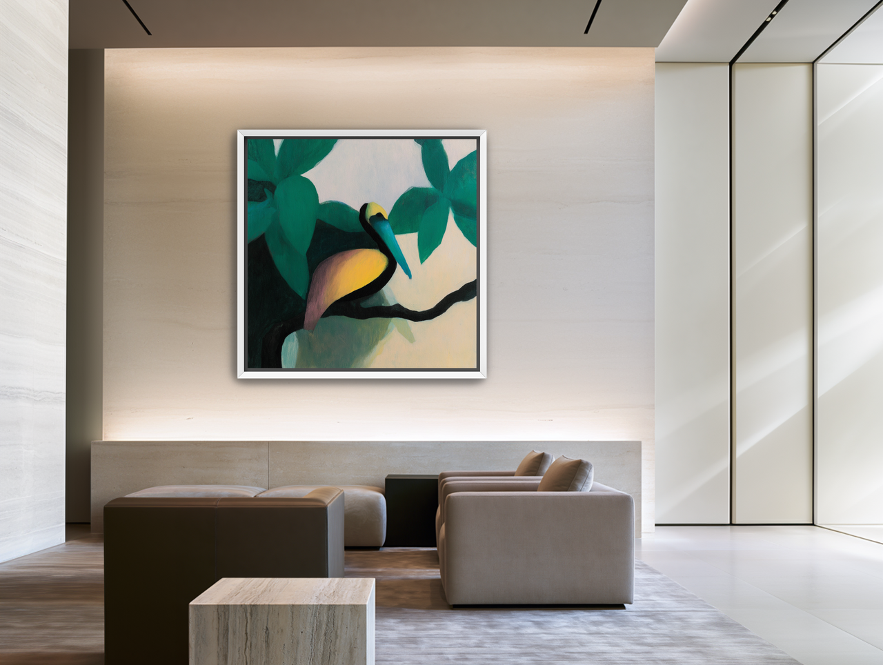Blue beak in teal leaves room view