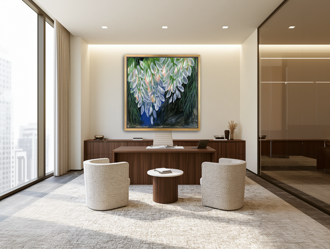 White petals over deep green room view