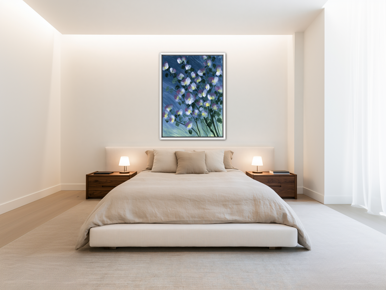 White blossoms on blue field room view