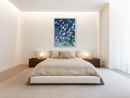 White blossoms on blue field room view