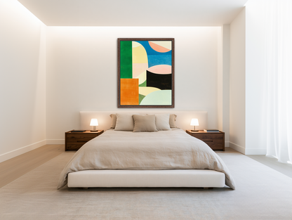A blue arc over black room view