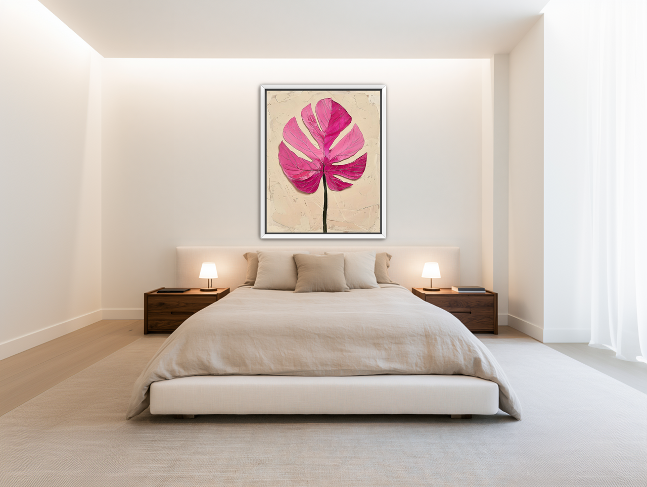 Pink leaf on plaster white room view