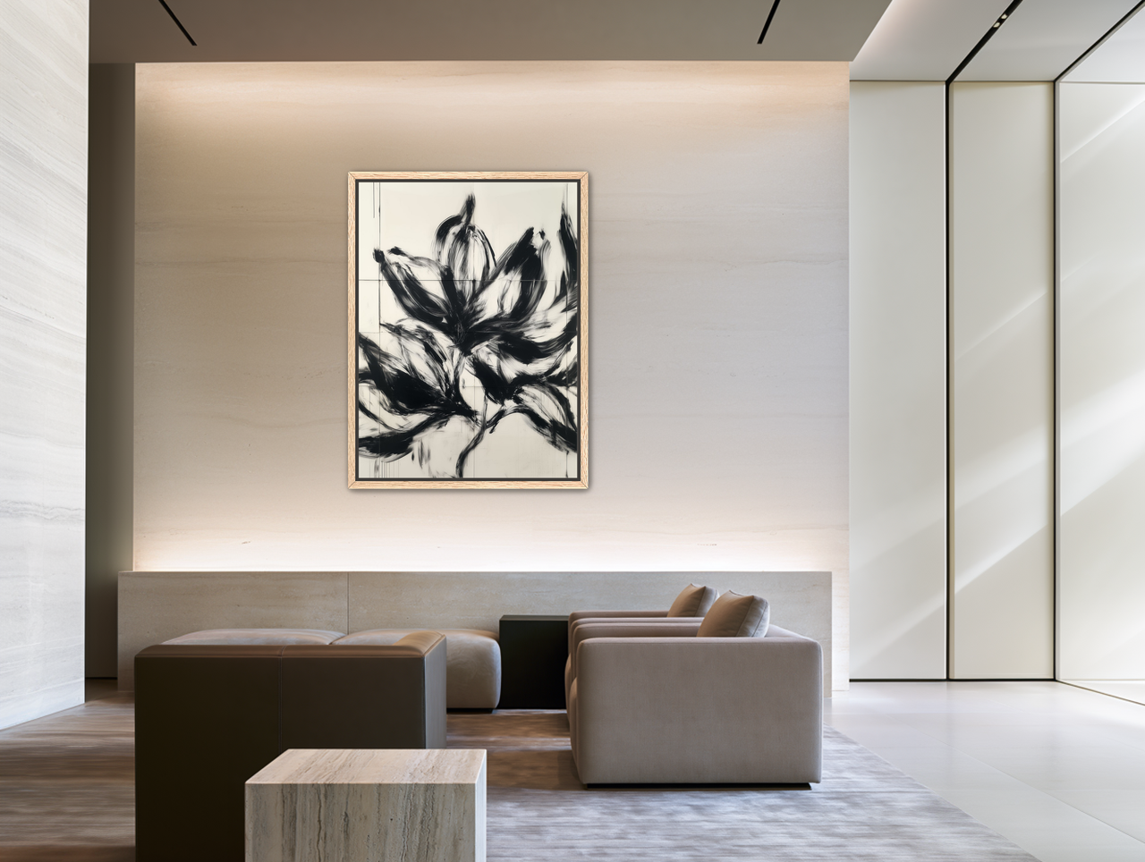 Black petals on pale grid room view