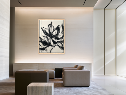 Black petals on pale grid room view