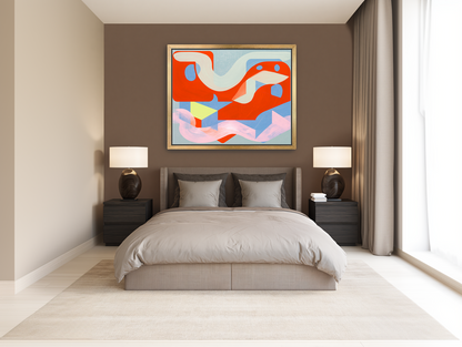 Pale sweep over red blocks room view