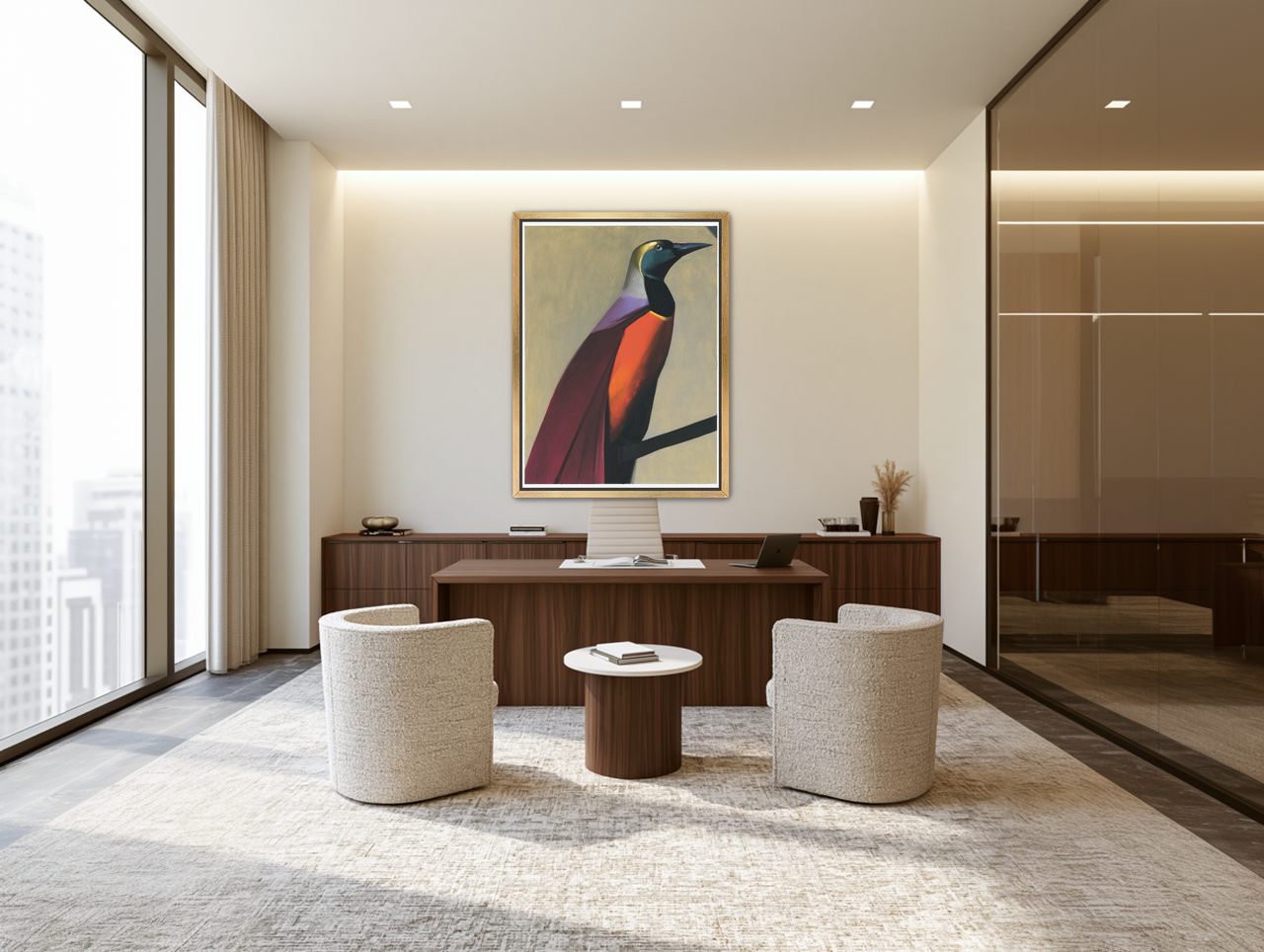 Bright bird on a branch room view