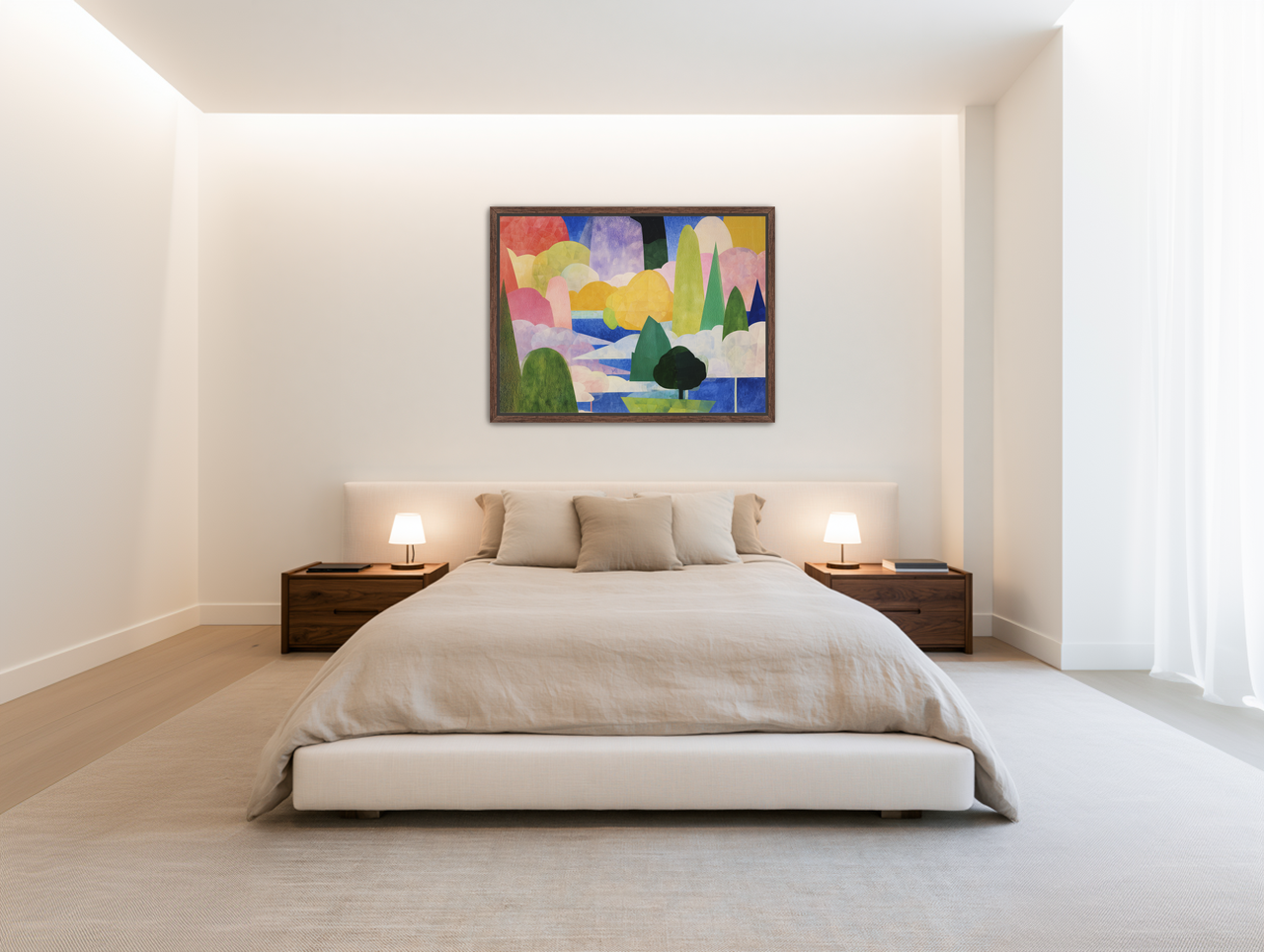 Tall trees over blue water room view