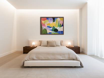 Tall trees over blue water room view