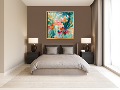 Flowers among teal leaves room view