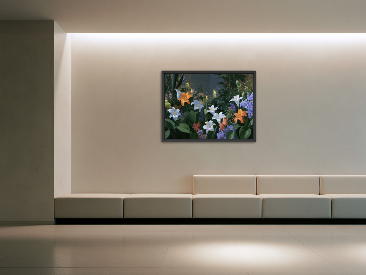 Lit windows beyond the lilies room view