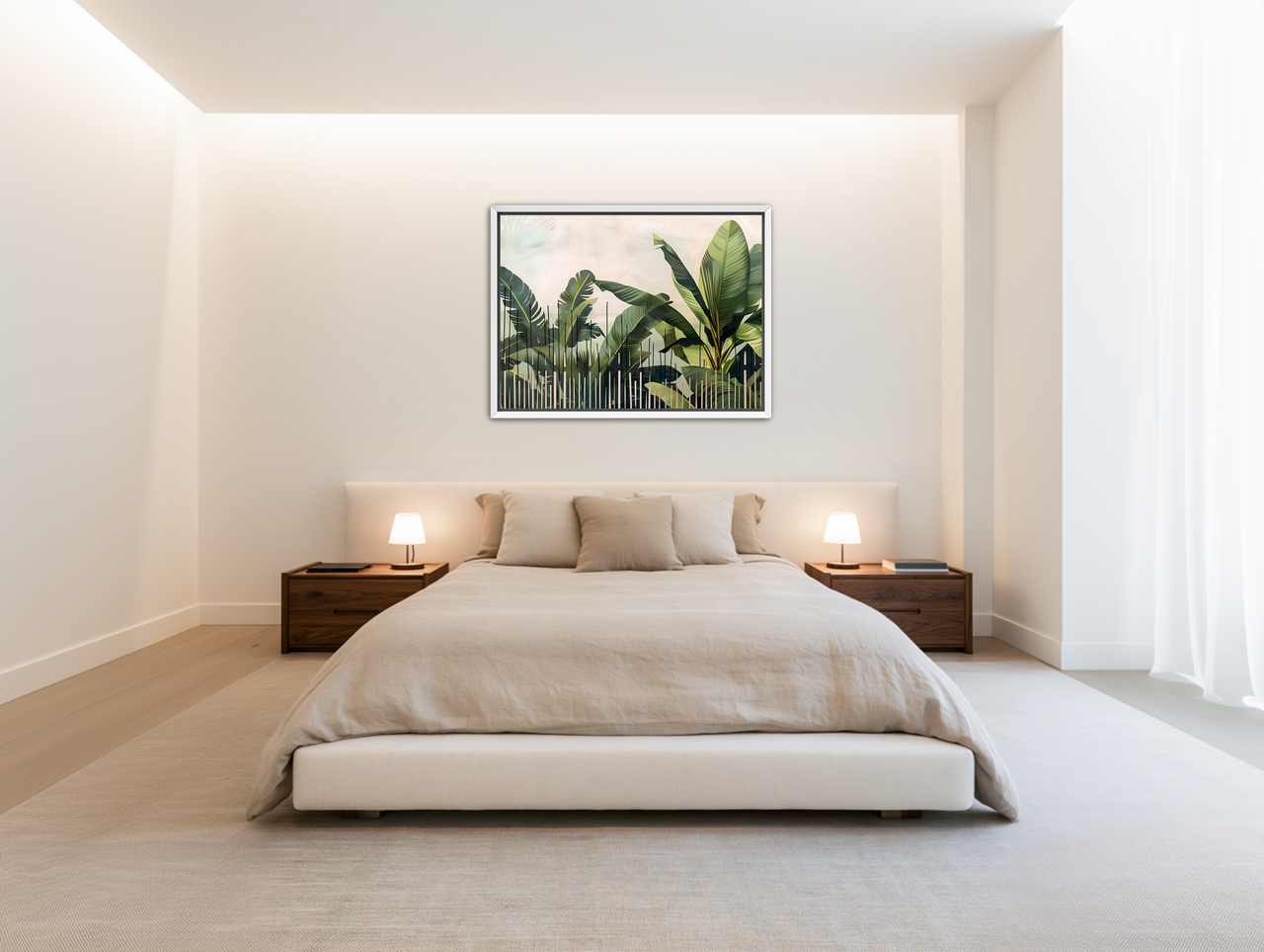 Tropical leaves behind black bars room view