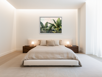 Tropical leaves behind black bars room view