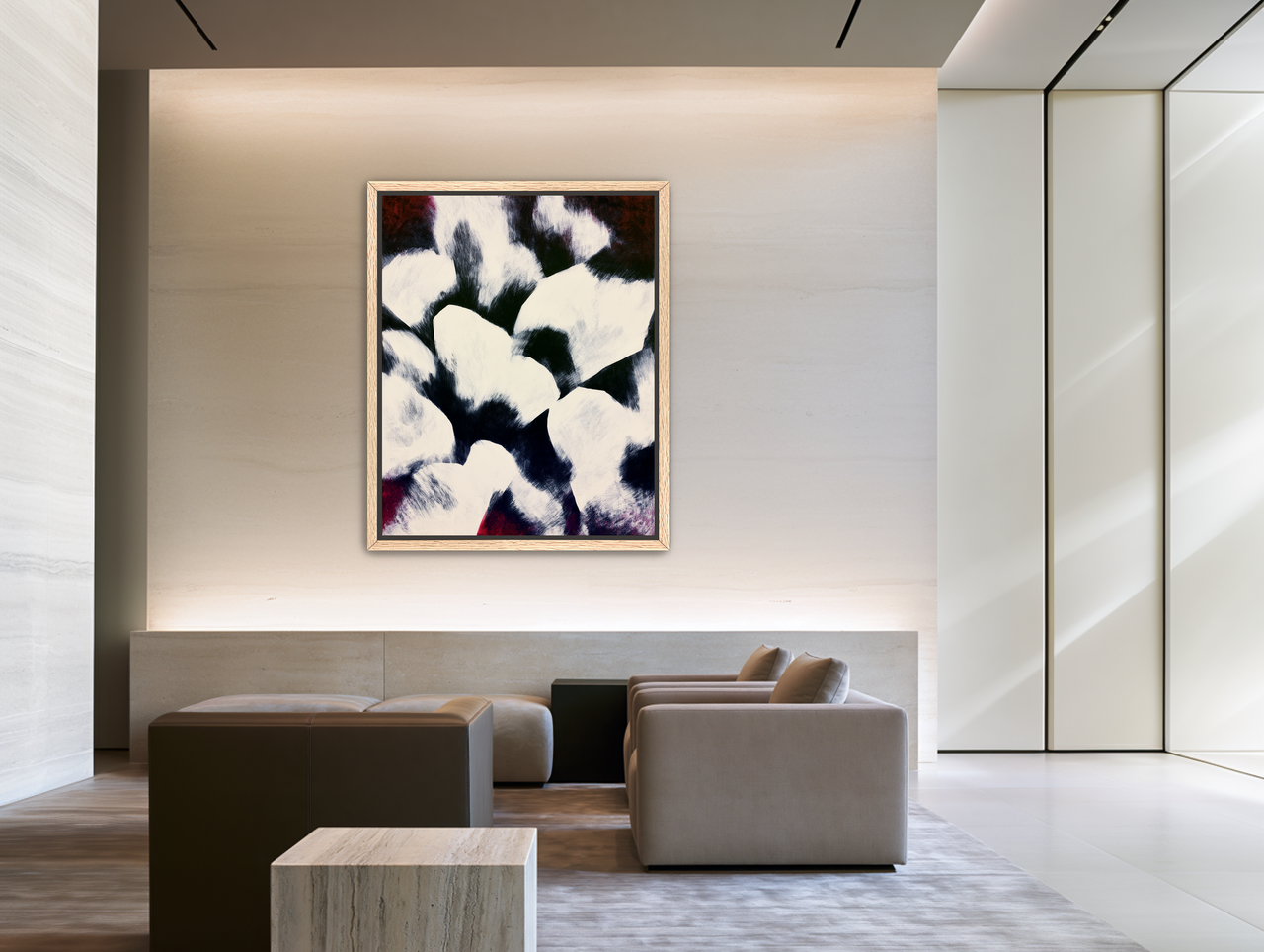 White blocks among dark ground room view