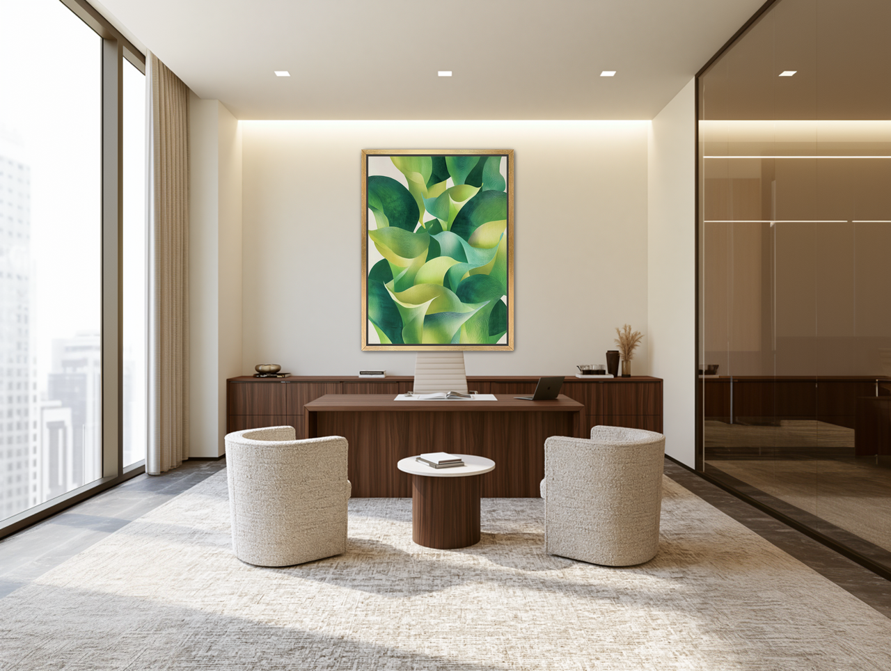 Overlapping curled green leaves room view