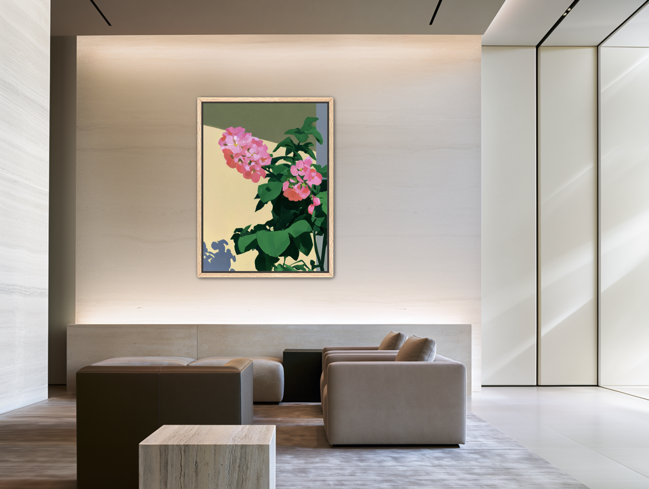 Pink blooms in hard light room view
