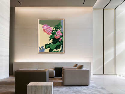 Pink blooms in hard light room view