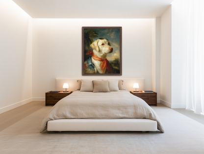 White dog in red scarf room view