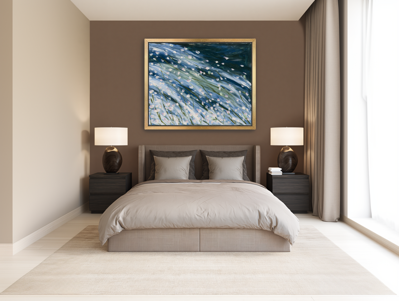 Flowers in a blue rush room view