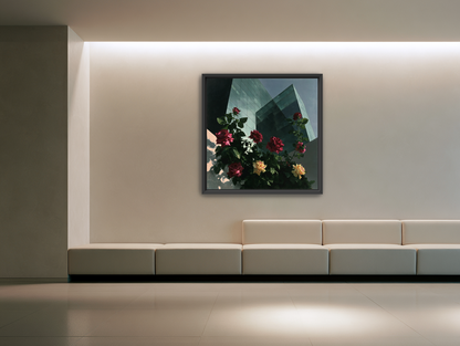 Roses against glass towers room view
