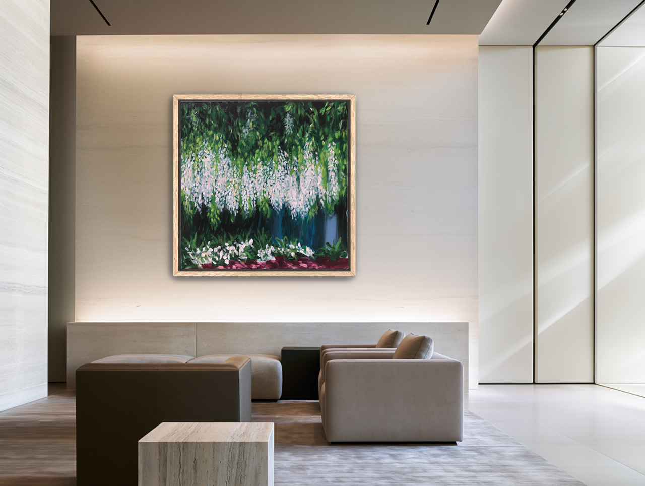 Pale blossoms in green shade room view